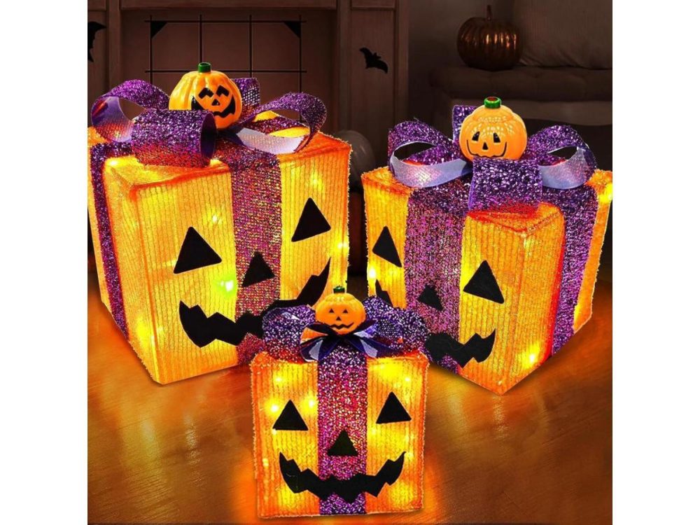 Holiday Decor |  [ 8 Modes & Timer ] 3 Pack Lighted Halloween Pumpkin Decorations With 60 Led Lights Battery Operated Jack-O-Lantern Gift Box Halloween Outdoor Yard Decor For Holiday Home Indoor Garden Party Favors Decor Barbie