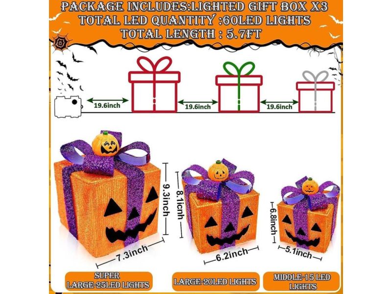 Holiday Decor |  [ 8 Modes & Timer ] 3 Pack Lighted Halloween Pumpkin Decorations With 60 Led Lights Battery Operated Jack-O-Lantern Gift Box Halloween Outdoor Yard Decor For Holiday Home Indoor Garden Party Favors Decor Barbie