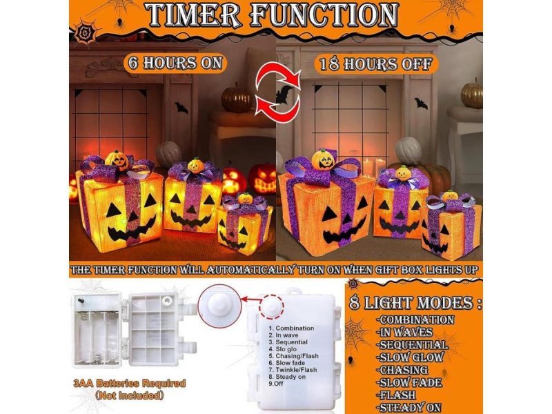 Holiday Decor |  [ 8 Modes & Timer ] 3 Pack Lighted Halloween Pumpkin Decorations With 60 Led Lights Battery Operated Jack-O-Lantern Gift Box Halloween Outdoor Yard Decor For Holiday Home Indoor Garden Party Favors Decor Barbie