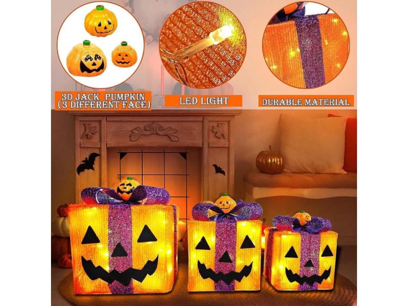 Holiday Decor |  [ 8 Modes & Timer ] 3 Pack Lighted Halloween Pumpkin Decorations With 60 Led Lights Battery Operated Jack-O-Lantern Gift Box Halloween Outdoor Yard Decor For Holiday Home Indoor Garden Party Favors Decor Barbie