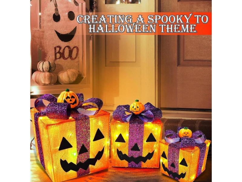 Holiday Decor |  [ 8 Modes & Timer ] 3 Pack Lighted Halloween Pumpkin Decorations With 60 Led Lights Battery Operated Jack-O-Lantern Gift Box Halloween Outdoor Yard Decor For Holiday Home Indoor Garden Party Favors Decor Barbie