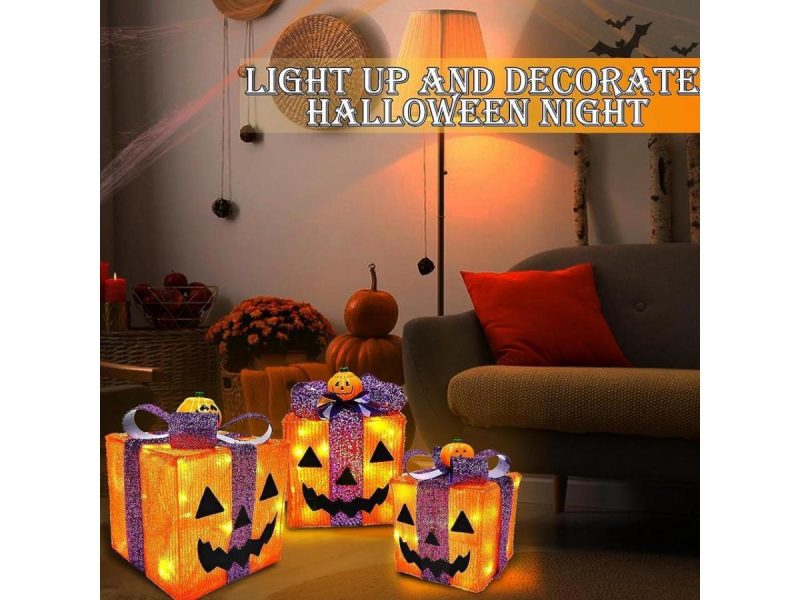 Holiday Decor |  [ 8 Modes & Timer ] 3 Pack Lighted Halloween Pumpkin Decorations With 60 Led Lights Battery Operated Jack-O-Lantern Gift Box Halloween Outdoor Yard Decor For Holiday Home Indoor Garden Party Favors Decor Barbie