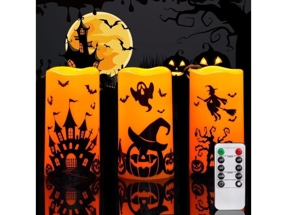 Holiday Decor |  Homemory Halloween Candles, Orange Flameless Candles, Battery Operated Led Pillar Candles With Remote Timers For Halloween Decoration, Day Of The Dead, Set Of 3 Decor Holiday Decor