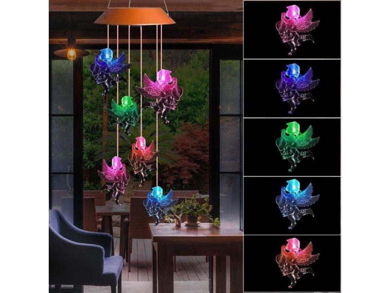 Holiday / String Lights |  Changing Color Solar Powered Waterproof Solar Wind Chime Six Angels Wind Moblie Led Light, Spiral Spinner Windchime Portable Outdoor Chime For Patio, Deck, Yard, Garden, Home- Angels Decor ESTONE