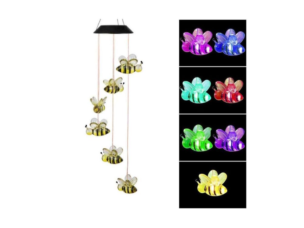 Holiday / String Lights |  Changing Color Solar Powered Waterproof Solar Wind Chime Six Bees Wind Moblie Led Light, Spiral Spinner Windchime Portable Outdoor Chime For Patio, Deck, Yard, Garden, Home- Bees Decor ESTONE