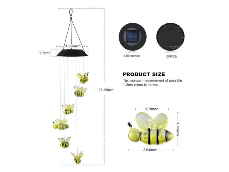 Holiday / String Lights |  Changing Color Solar Powered Waterproof Solar Wind Chime Six Bees Wind Moblie Led Light, Spiral Spinner Windchime Portable Outdoor Chime For Patio, Deck, Yard, Garden, Home- Bees Decor ESTONE