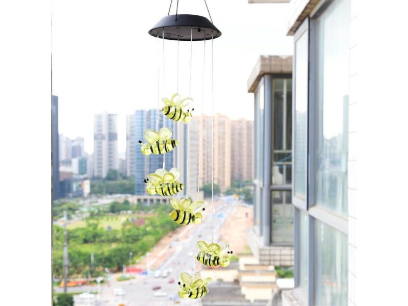 Holiday / String Lights |  Changing Color Solar Powered Waterproof Solar Wind Chime Six Bees Wind Moblie Led Light, Spiral Spinner Windchime Portable Outdoor Chime For Patio, Deck, Yard, Garden, Home- Bees Decor ESTONE