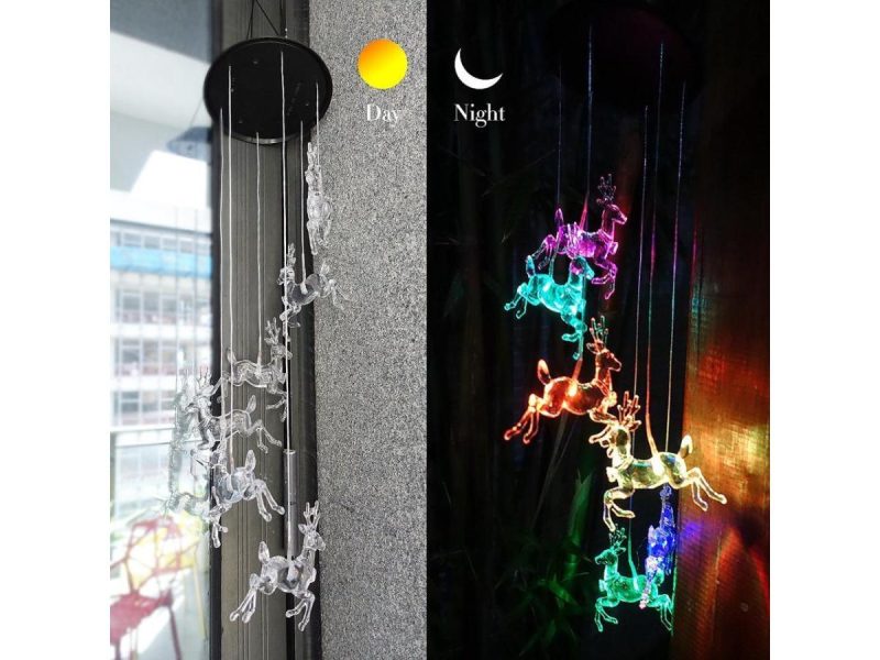 Holiday / String Lights |  Changing Color Solar Powered Waterproof Solar Wind Chime Six Deers Wind Moblie Led Light, Spiral Spinner Windchime Portable Outdoor Chime For Patio, Deck, Yard, Garden, Home- Deers Decor ESTONE