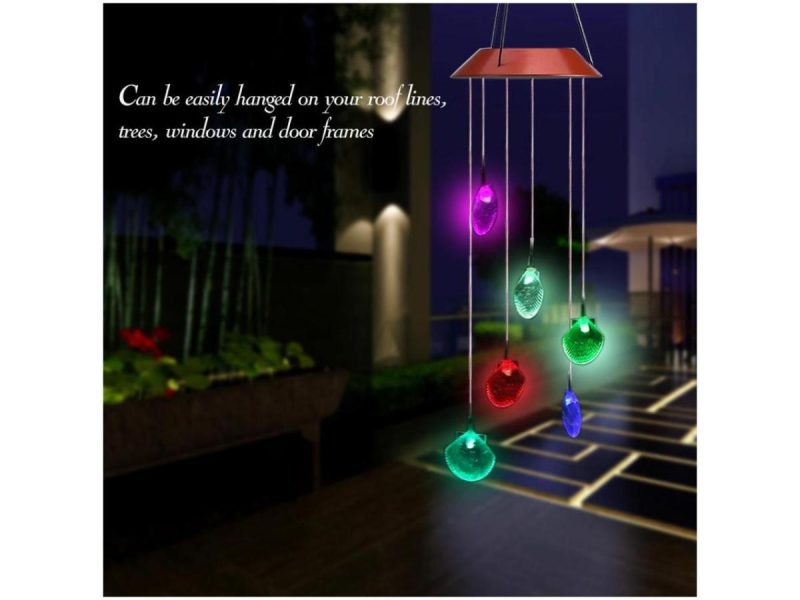 Holiday / String Lights |  Changing Color Solar Powered Waterproof Solar Wind Chime Six Seashells Wind Moblie Led Light, Spiral Spinner Windchime Portable Outdoor Chime For Patio, Deck, Yard, Garden, Home- Seashells Decor ESTONE