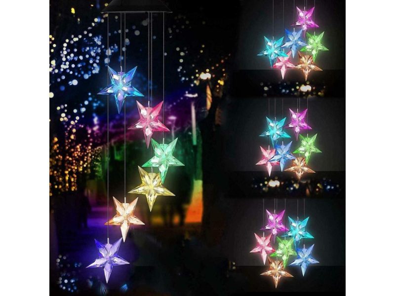 Holiday / String Lights |  Changing Color Solar Powered Waterproof Solar Wind Chime Six Stars Wind Moblie Led Light, Spiral Spinner Windchime Portable Outdoor Chime For Patio, Deck, Yard, Garden, Home- Stars Decor ESTONE