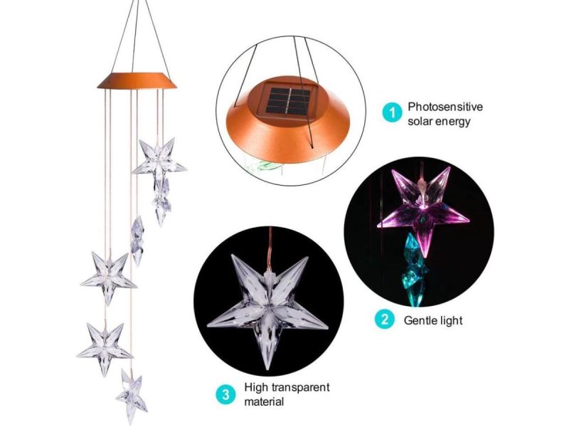 Holiday / String Lights |  Changing Color Solar Powered Waterproof Solar Wind Chime Six Stars Wind Moblie Led Light, Spiral Spinner Windchime Portable Outdoor Chime For Patio, Deck, Yard, Garden, Home- Stars Decor ESTONE