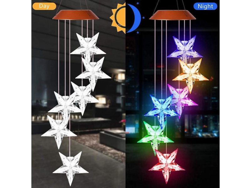 Holiday / String Lights |  Changing Color Solar Powered Waterproof Solar Wind Chime Six Stars Wind Moblie Led Light, Spiral Spinner Windchime Portable Outdoor Chime For Patio, Deck, Yard, Garden, Home- Stars Decor ESTONE