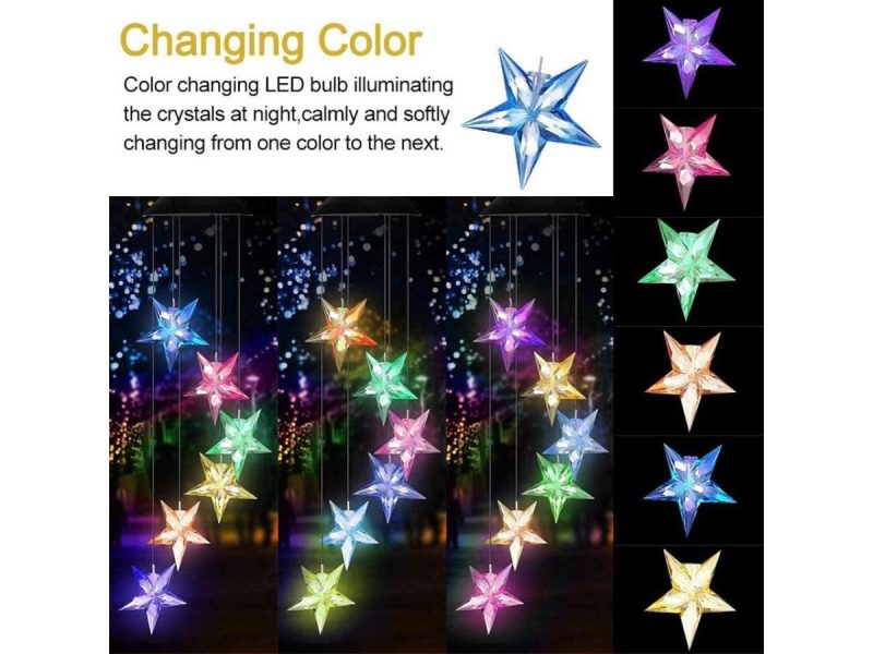 Holiday / String Lights |  Changing Color Solar Powered Waterproof Solar Wind Chime Six Stars Wind Moblie Led Light, Spiral Spinner Windchime Portable Outdoor Chime For Patio, Deck, Yard, Garden, Home- Stars Decor ESTONE