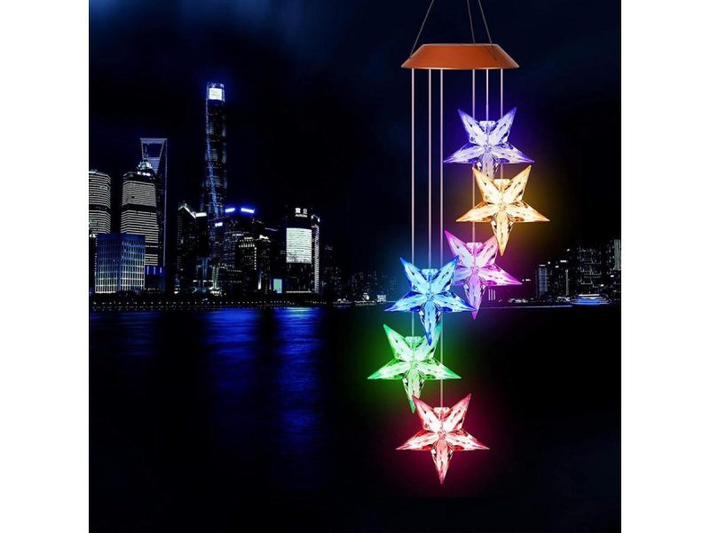 Holiday / String Lights |  Changing Color Solar Powered Waterproof Solar Wind Chime Six Stars Wind Moblie Led Light, Spiral Spinner Windchime Portable Outdoor Chime For Patio, Deck, Yard, Garden, Home- Stars Decor ESTONE