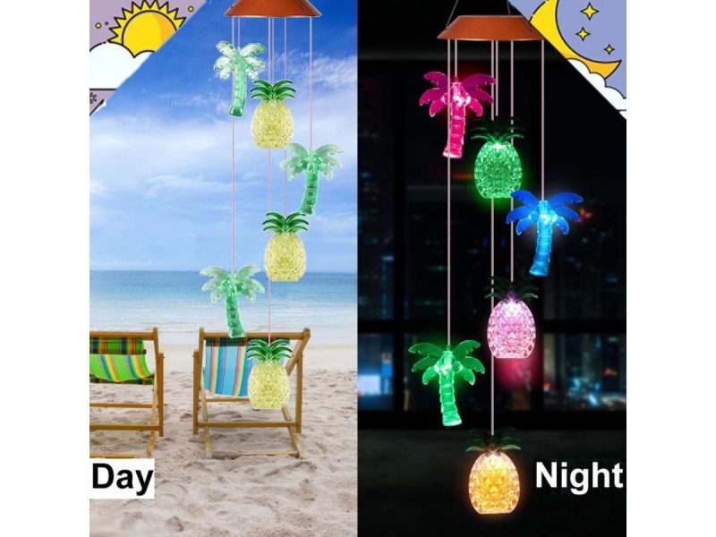 Holiday / String Lights |  Changing Color Solar Powered Waterproof Solar Wind Chime Wind Moblie Led Light, Spiral Spinner Windchime Portable Outdoor Chime For Patio, Deck, Yard, Garden, Home- Pineapple Coconuts Decor ESTONE