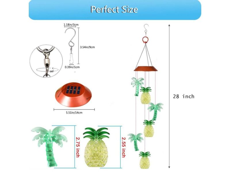 Holiday / String Lights |  Changing Color Solar Powered Waterproof Solar Wind Chime Wind Moblie Led Light, Spiral Spinner Windchime Portable Outdoor Chime For Patio, Deck, Yard, Garden, Home- Pineapple Coconuts Decor ESTONE