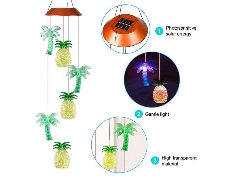 Holiday / String Lights |  Changing Color Solar Powered Waterproof Solar Wind Chime Wind Moblie Led Light, Spiral Spinner Windchime Portable Outdoor Chime For Patio, Deck, Yard, Garden, Home- Pineapple Coconuts Decor ESTONE