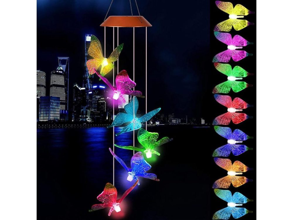 Holiday / String Lights |  Led Solar Hummingbird Wind Chime, Changing Color Waterproof Wind Chimes For Home Party Night Garden Decoration (Six Butterflies) Decor ESTONE