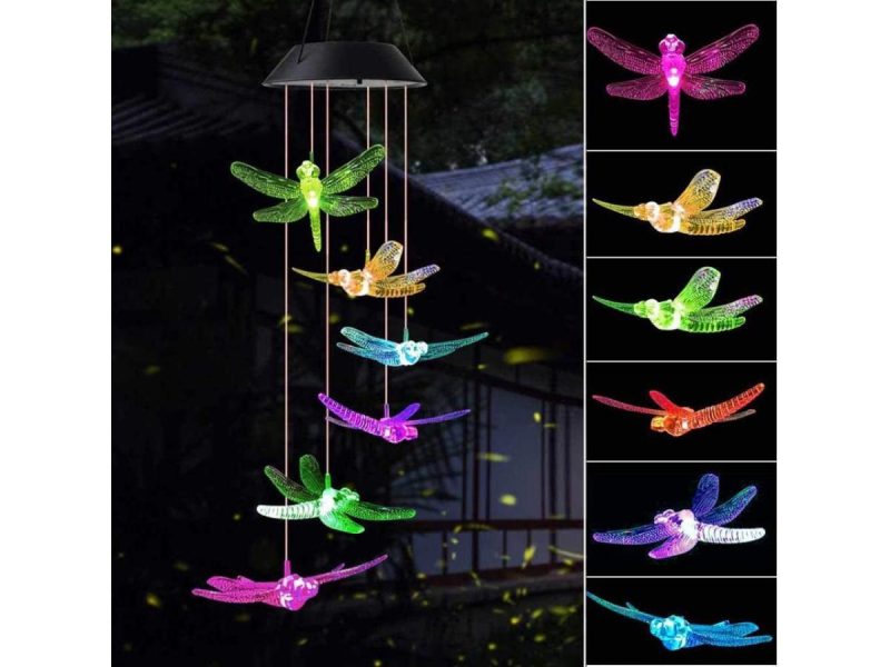 Holiday / String Lights |  Led Solar Hummingbird Wind Chime, Changing Color Waterproof Wind Chimes For Home Party Night Garden Decoration (Six Dragonflies) Decor ESTONE