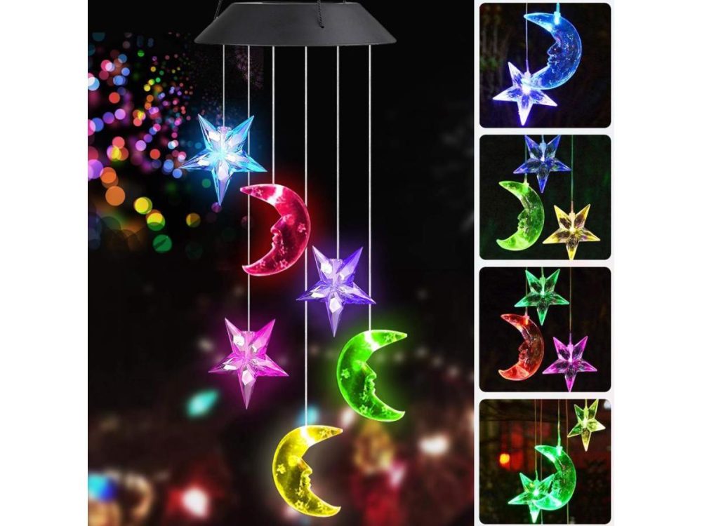 Holiday / String Lights |  Star Moons Wind Chime, Solar Lights Chimes,Six Star Moons Solar Wind Chime Outdoor Garden Decor, Yard Decorations Solar Light Mobile, (Gifts For Mom/Grandma, Birthday Bifts For Mom) Decor ESTONE