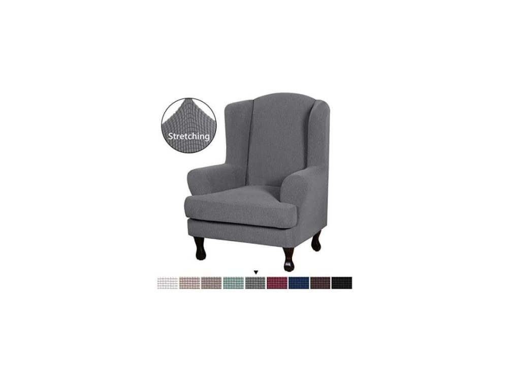 Home Accents |  2 Piece Stretch Jacquard Wingback Chair Covers Slipcovers Wing Chair Covers (Base Cover Plus Seat Cushion Cover) Furniture Covers For Wingback Chairs, Form Fitted Thick Soft, Grey Decor CablesOnline