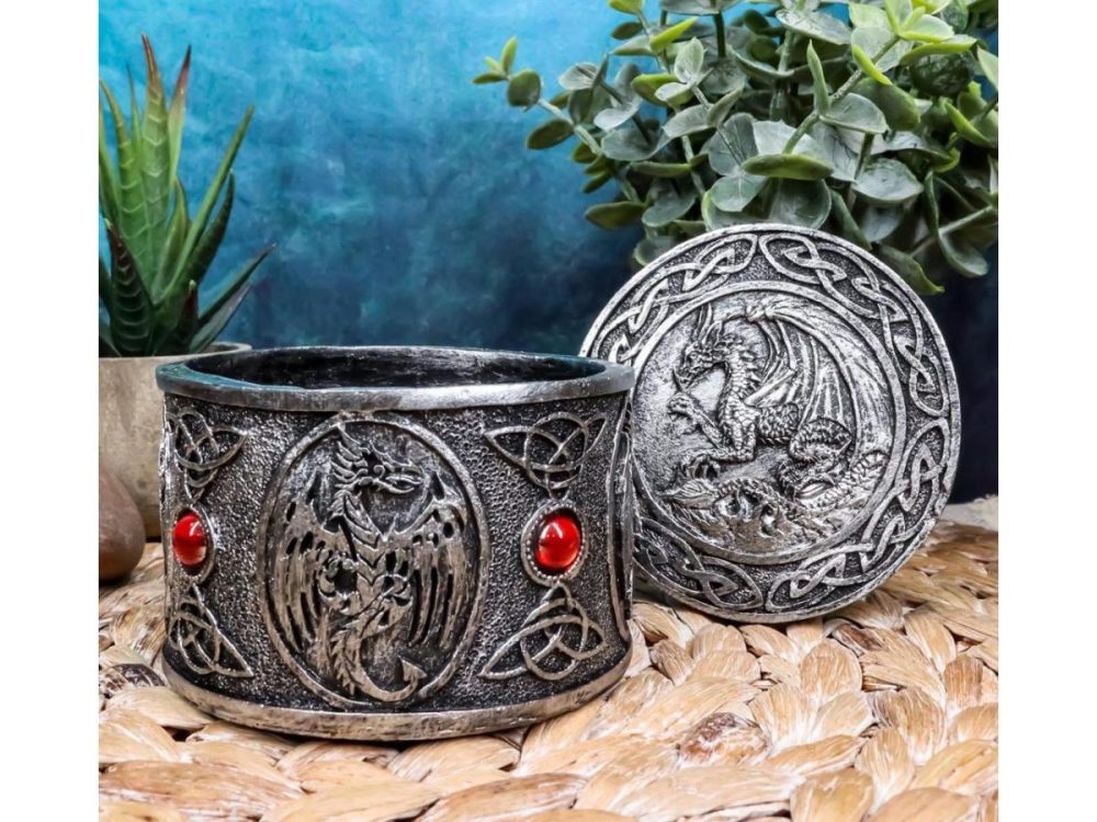 Home Accents |  Ebros Gift Celtic Triad Red Gem Dragon Round Decorative Box Figurine 3.25″D Decor Ebros Gift