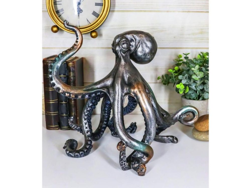 Home Accents |  Ebros Large Standing Octopus Statue In Silver Finish Resin Marine Decor 11.5″ W Decor Ebros Gift