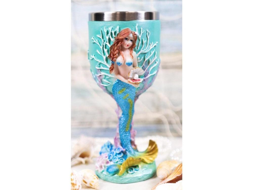 Home Accents |  Ebros Turquoise Ocean Marine Coral Reef Mermaid With Pearl Wine Goblet Decor Ebros Gift