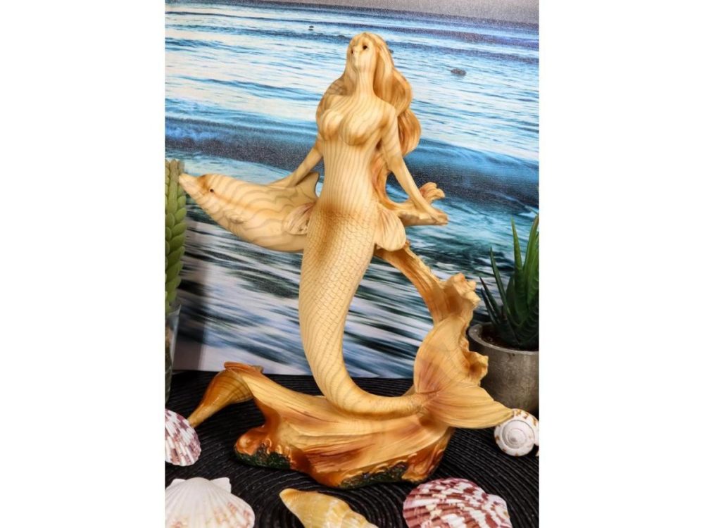 Home Accents |  Large Ocean Mermaid Princess With Dolphin Friend Figurine Coastal Marine Statue Decor Ebros Gift