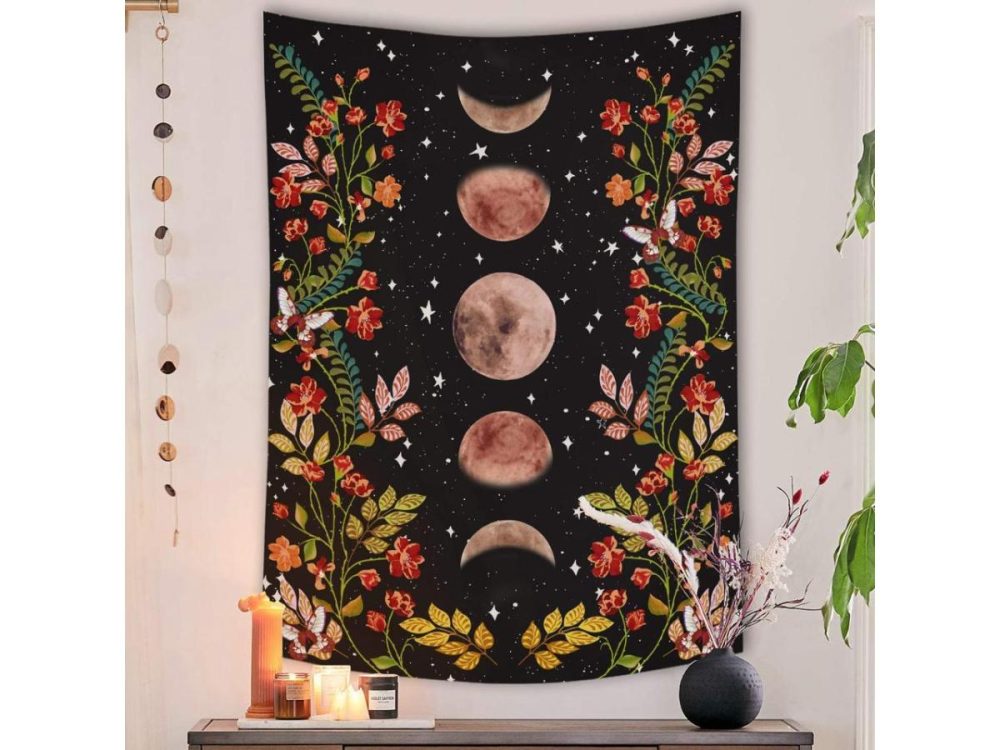 Home Accents |  Lifeel Moonlit Garden Tapestry, Moon Phase Surrounded By Vines And Flowers Black Wall Decor Tapestry 36×48 Inches Decor Home Accents