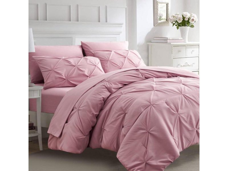 Home Textiles & Bedding |  7Pc Pink Queen Comforter Set Pintuck Bed In A Bag Blush Bed Set With Comforters And Sheets 7 Piece All Season Pinched Bedding Sets For Women (Pink Queen Size) Decor Home Textiles & Bedding