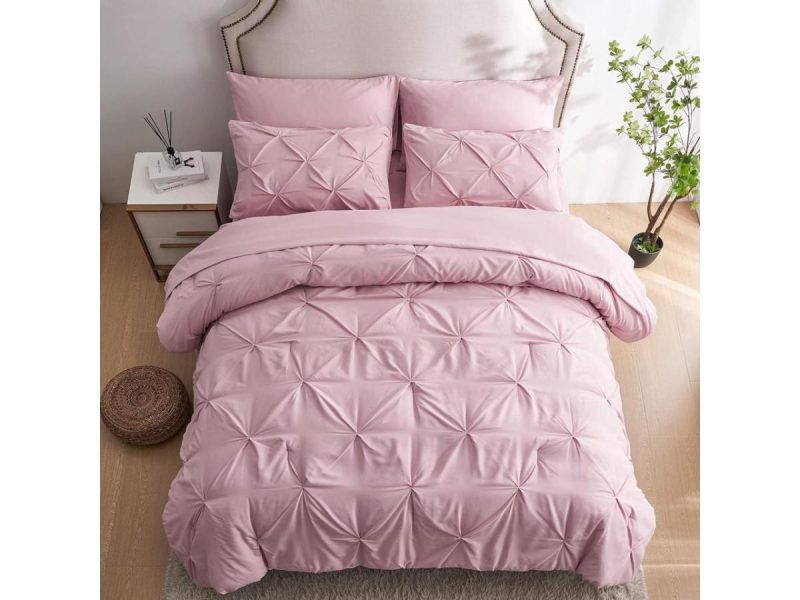 Home Textiles & Bedding |  7Pc Pink Queen Comforter Set Pintuck Bed In A Bag Blush Bed Set With Comforters And Sheets 7 Piece All Season Pinched Bedding Sets For Women (Pink Queen Size) Decor Home Textiles & Bedding