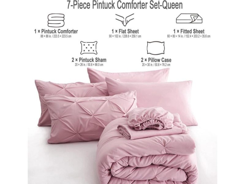 Home Textiles & Bedding |  7Pc Pink Queen Comforter Set Pintuck Bed In A Bag Blush Bed Set With Comforters And Sheets 7 Piece All Season Pinched Bedding Sets For Women (Pink Queen Size) Decor Home Textiles & Bedding