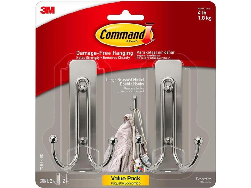 Hooks & Picture Hangers |  Command Double Hooks [Removable]: Large Brushed Nickel – 2-Pack (Brushed Nickel) *2-Pack Decor Command