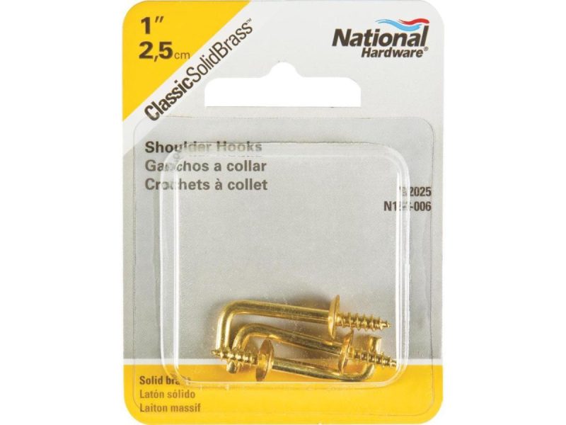 Hooks & Picture Hangers |  National, N120-006, 3 Pack, 1″, Shoulder Hook, Solid Brass Decor Hooks & Picture Hangers