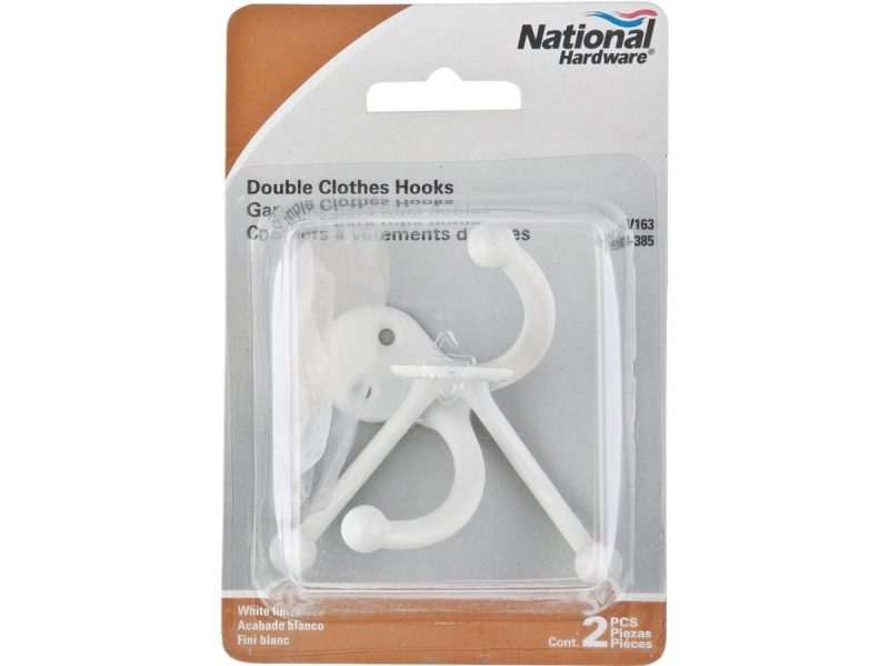 Hooks & Picture Hangers |  National White Double Clothes Wardrobe Hook, 2 Per Card N248385 Decor Hooks & Picture Hangers