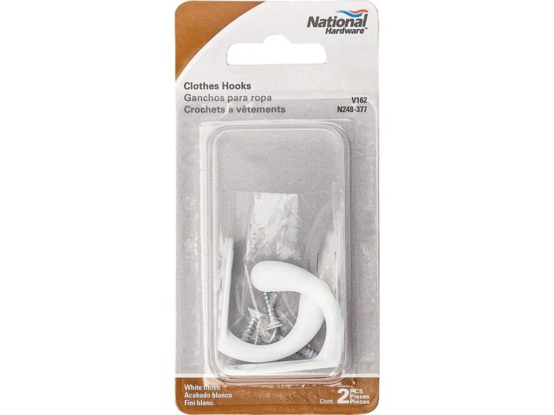 Hooks & Picture Hangers |  National White Single Cloth Wardrobe Hook, 2 Per Card N248377 Decor Hooks & Picture Hangers