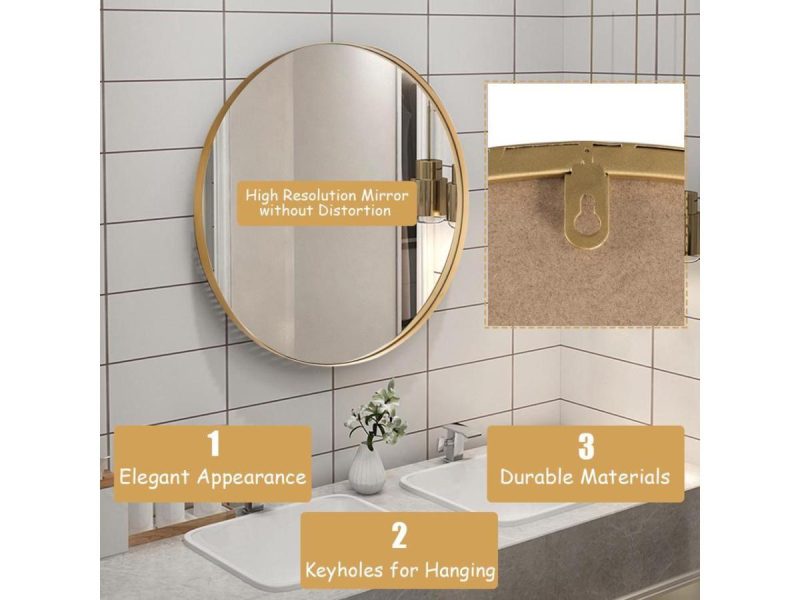 Mirrors |  27.5”Modern Metal Wall-Mounted Round Mirror For Bathroom Entryway Gold Decor Costway