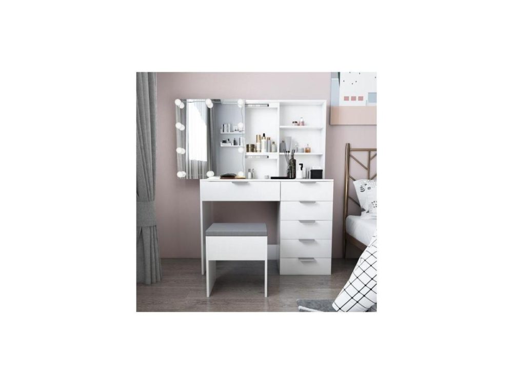 Mirrors |  Fstniceted Fch Particleboard Triamine Veneer 6 Pumps 2 Shelves Mirror Cabinet 3 Tone Light Bulbs Dressing Table Set White Decor FstNiceTed