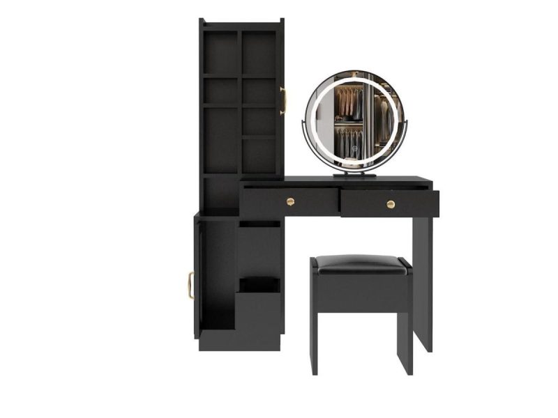 Mirrors |  Fstnicetedmodern Makeup Vanity Table Set With Side Cabinet And Led Mirror, Retractable Dressing Table With Power Outlets, 3 Light Colors Decor FstNiceTed