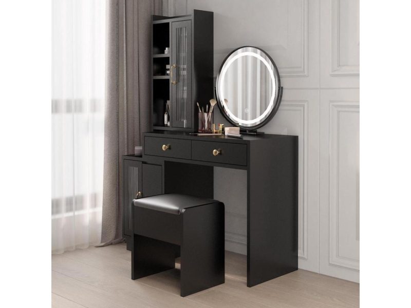 Mirrors |  Fstnicetedmodern Makeup Vanity Table Set With Side Cabinet And Led Mirror, Retractable Dressing Table With Power Outlets, 3 Light Colors Decor FstNiceTed