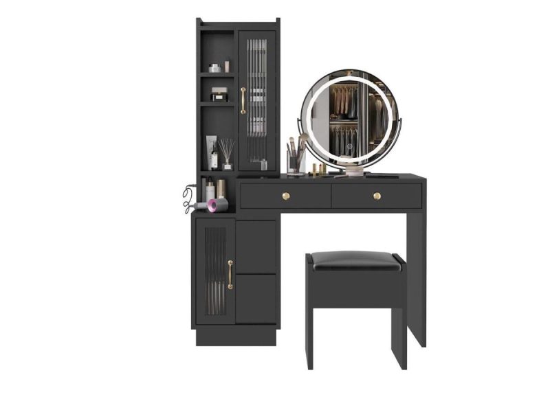 Mirrors |  Fstnicetedmodern Makeup Vanity Table Set With Side Cabinet And Led Mirror, Retractable Dressing Table With Power Outlets, 3 Light Colors Decor FstNiceTed