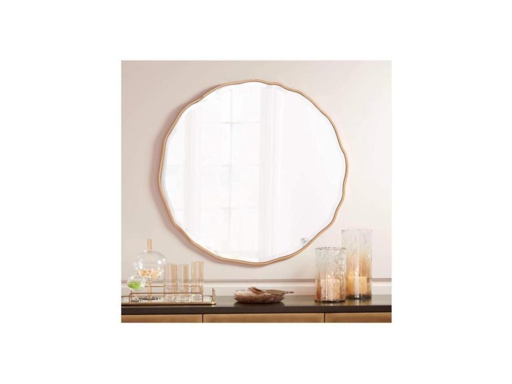 Mirrors |  Round Vanity Decorative Wall Mirror Modern Gold Waved Edge Wood Finish Frame Round Beveled Glass 31 1/2″ Wide Decor For Bathroom Bedroom Living Room Home House Office Entryway Decor Mirrors