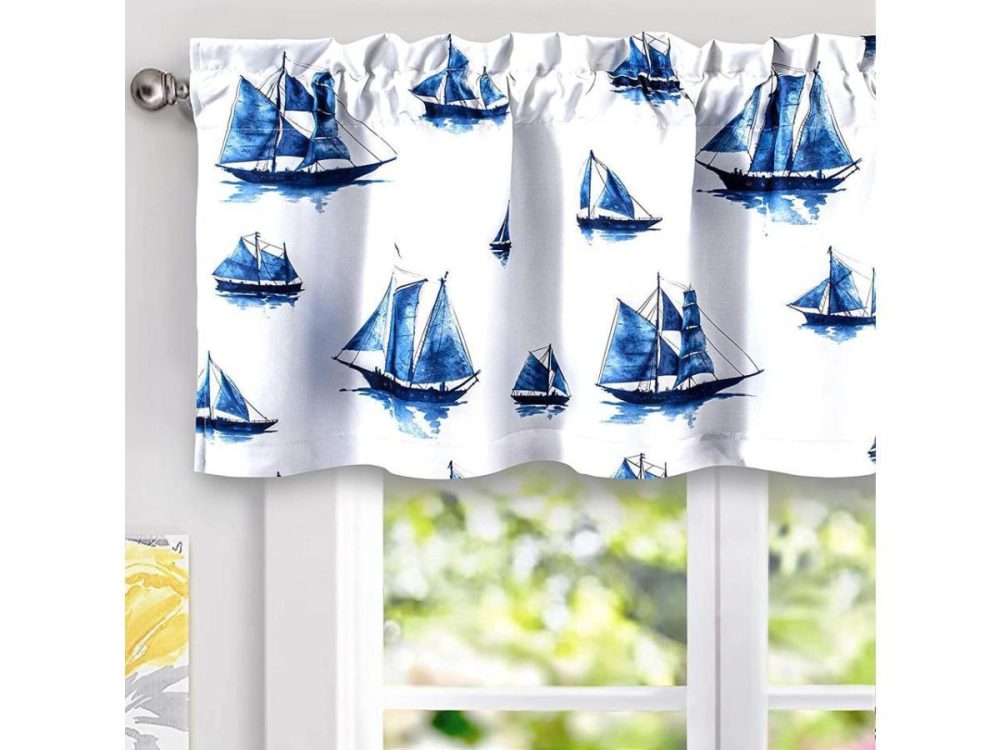 Window Treatments |  Driftaway Harbor Sailboat Ocean Print Blackout Thermal Insulated Window Curtain Valance Rod Pocket 52 Inch By 18 Inch Plus 2 Inch Header Navy Decor DriftAway