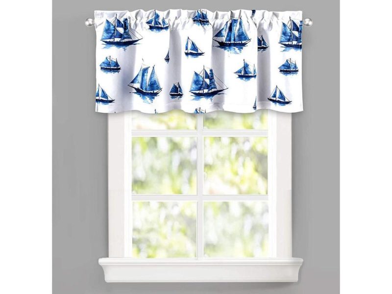 Window Treatments |  Driftaway Harbor Sailboat Ocean Print Blackout Thermal Insulated Window Curtain Valance Rod Pocket 52 Inch By 18 Inch Plus 2 Inch Header Navy Decor DriftAway