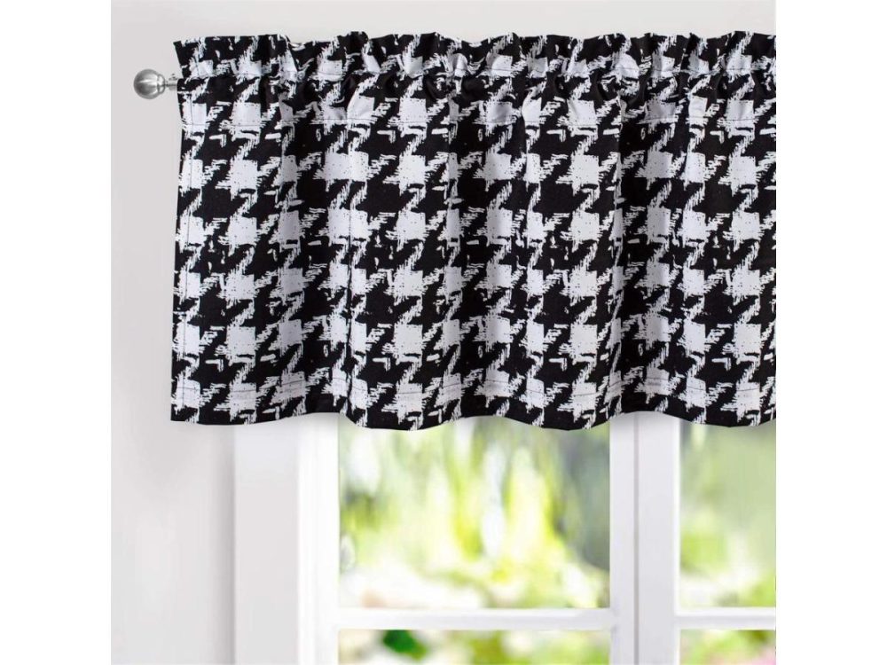 Window Treatments |  Driftaway Houndstooth Vintage Plaid Printed Pattern Thermal Insulated Blackout Window Curtain Valance Rod Pocket Single 52 Inch By 18 Inch Plus 2 Inch Header Black Decor DriftAway