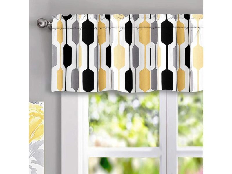 Window Treatments |  Driftaway Riley Geo Lined Window Curtain Valance Mid Century Geometric Pattern 2 Layers Rod Pocket 52 Inch By 14 Inch Plus 2 Inch Gold Black Gray Decor DriftAway