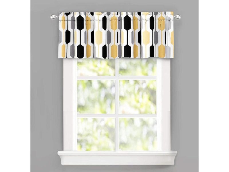 Window Treatments |  Driftaway Riley Geo Lined Window Curtain Valance Mid Century Geometric Pattern 2 Layers Rod Pocket 52 Inch By 14 Inch Plus 2 Inch Gold Black Gray Decor DriftAway