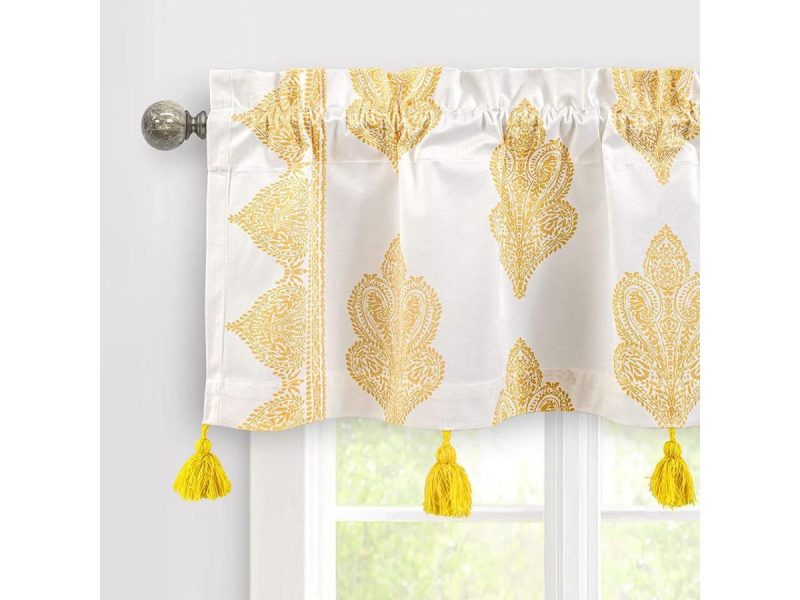 Window Treatments |  Driftaway Sadie Paisley Medallion Pattern Boho Velvet Window Curtain Valance With Handmade Tassels For Kitchen Rod Pocket 50 Inch By 14 Inch Plus 1.75 Inch Header Gold Yellow Decor DriftAway