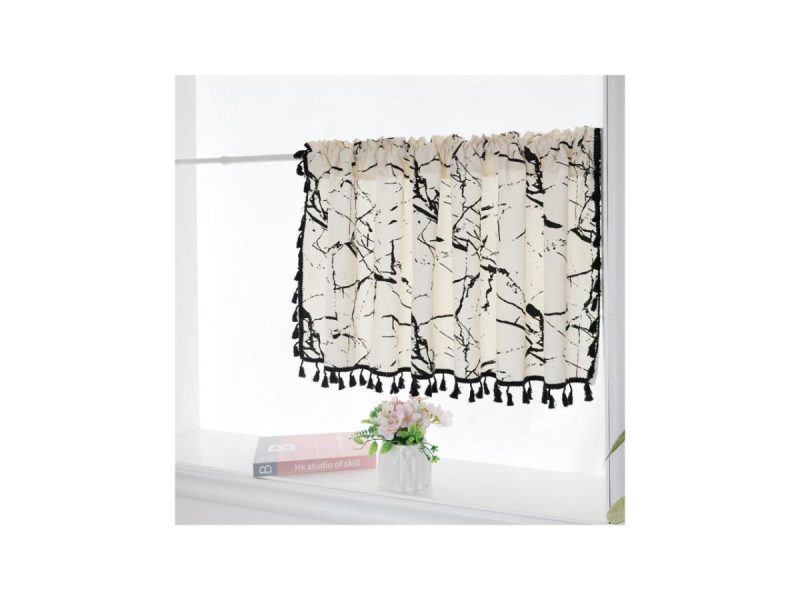 Window Treatments |  Zhh 18 Inch 1 Panel White And Black Printed Bohemian Tassels Valance Decor Window Treatments